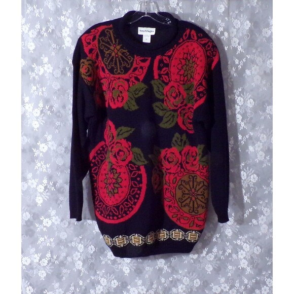 Vintage 80s Sweater 1980s Floral Oversized Boho Hipster Retro Autumn Size Large - Picture 1 of 6